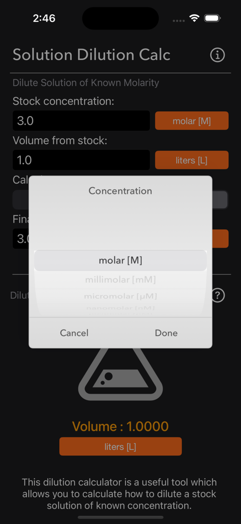 Solution Dilution Calculator - Écran de l'application Calculateur de Dilution de Solutions montrant le menu de sélection des unités de molarité
