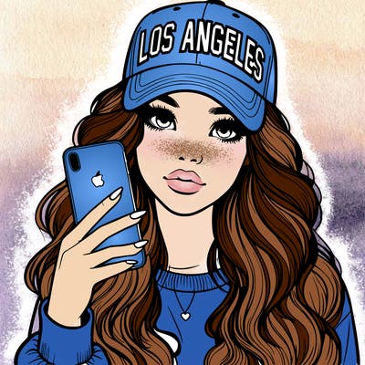 realistic beautiful girl wearing los ángeles cap holding an iphone