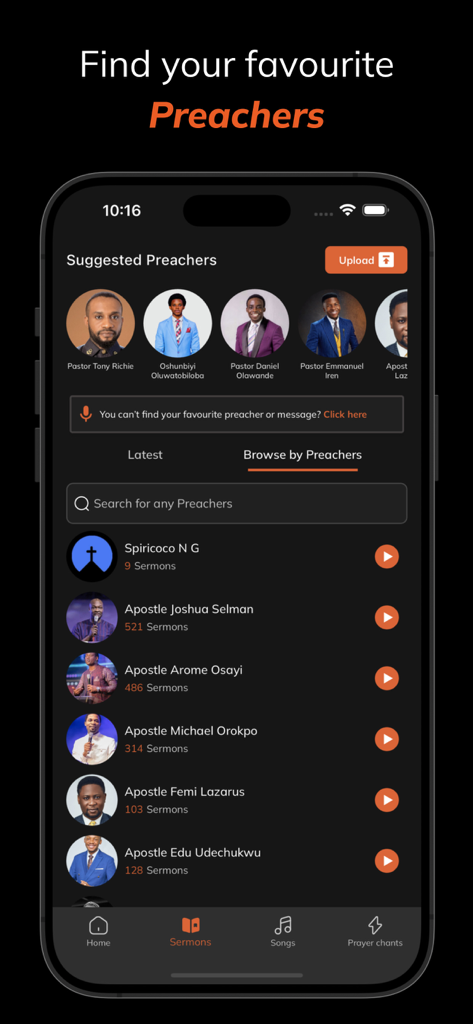Spirit Nerds - Spirit Nerds app showing a list of suggested Christian preachers and sermon archives