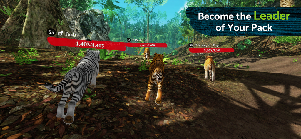 ジャングル環境にいるプレイヤー名とヘルスバーが表示されたリアルな3Dトラの群れ