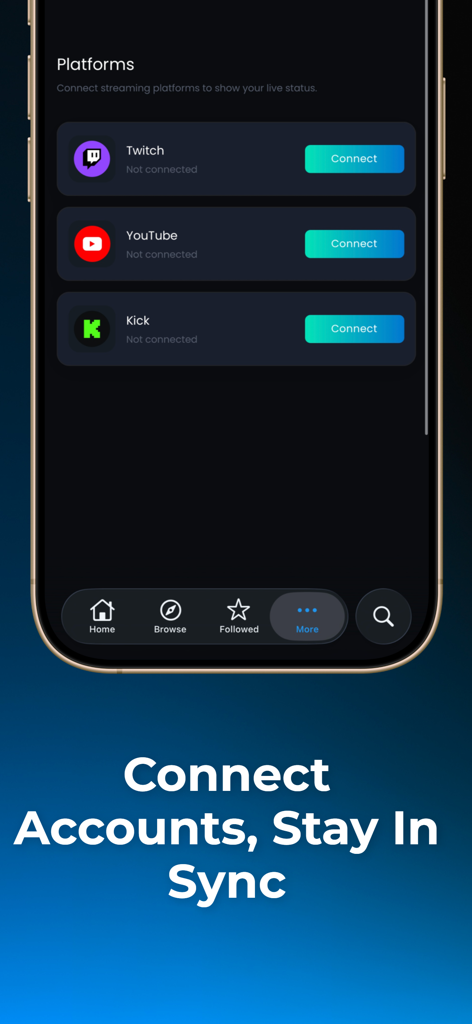WhosLive: Live Streaming - ライブストリーミングコンテンツを同期するためにTwitch、YouTube、Kickアカウントを接続するためのWhosLiveアプリ画面