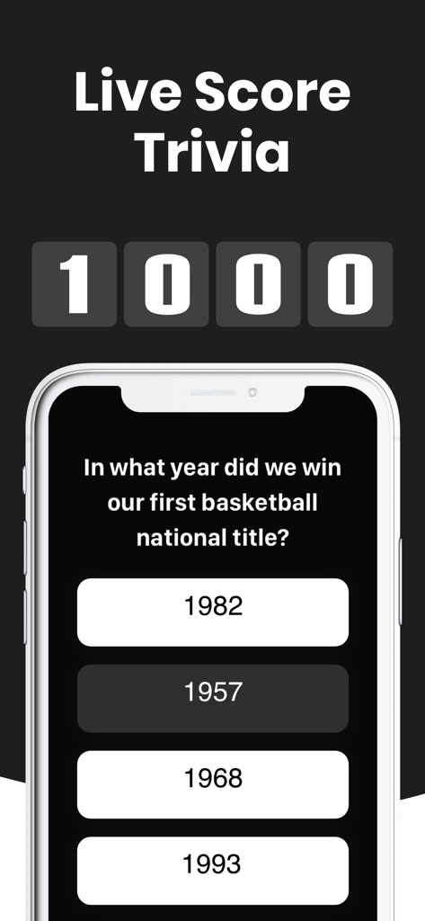 Interfaz de la aplicación CrowdFX mostrando una pregunta de trivia deportiva en vivo sobre un título nacional de baloncesto.