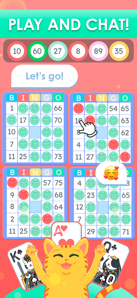 Lua Chat: Bingo, Ludo & Cards - Lua Chat app interface showing bingo cards social chat bubbles and a cute cat character holding playing cards