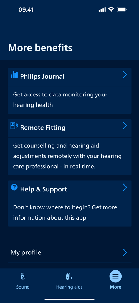 Pantalla de la aplicación Philips HearLink 2 que muestra funciones adicionales que incluyen Philips Journal y Configuración remota