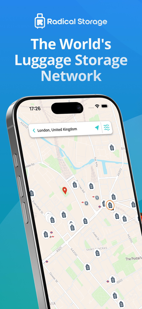 ロンドン全域に複数の荷物預かり地点が表示されたRadical Storageアプリのマップを表示するiPhone