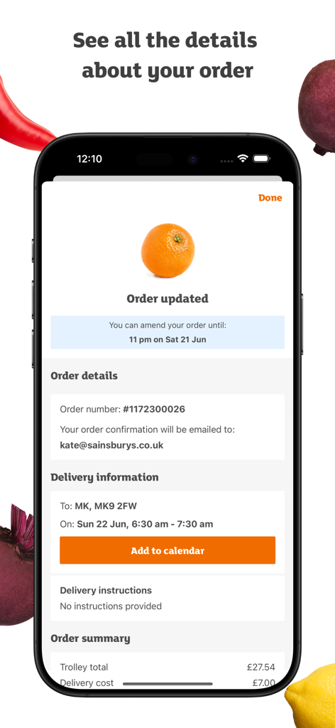 Sainsburys Groceries app order summary and delivery details screen
