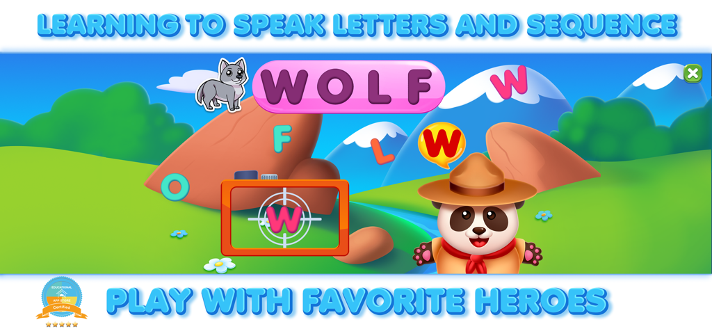 Educational game screen for kids learning to spell the word wolf with a panda ranger character.