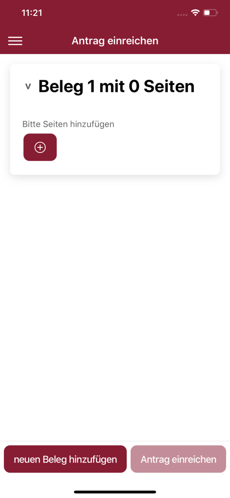 Oberfläche der mobilen eBeihilfe RLP App, die den Bildschirm zur digitalen Einreichung medizinischer Belege mit Optionen zum Hinzufügen von Dokumenten und Seiten zeigt