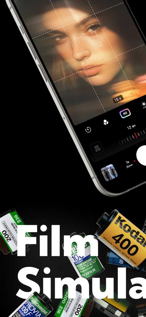 FilmRoll - Film Camera Recipe - Smartphone displaying the FilmRoll app camera interface with manual settings and vintage film rolls.