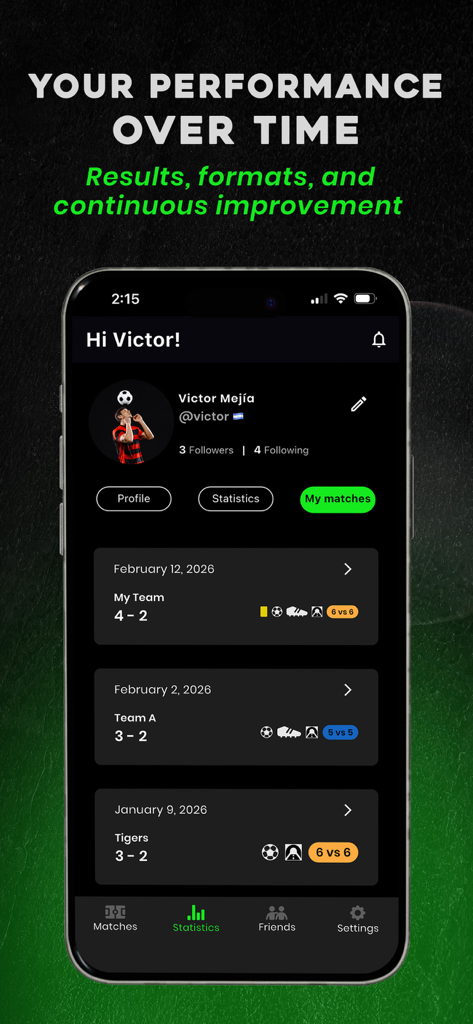 FUTX - FUTX mobile app screen displaying a player match history with scores and performance statistics