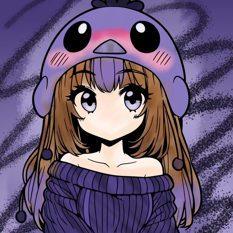 anime girl with chick shaped hat with sweater with bare shoulders with bangs covering them one eye with low tail