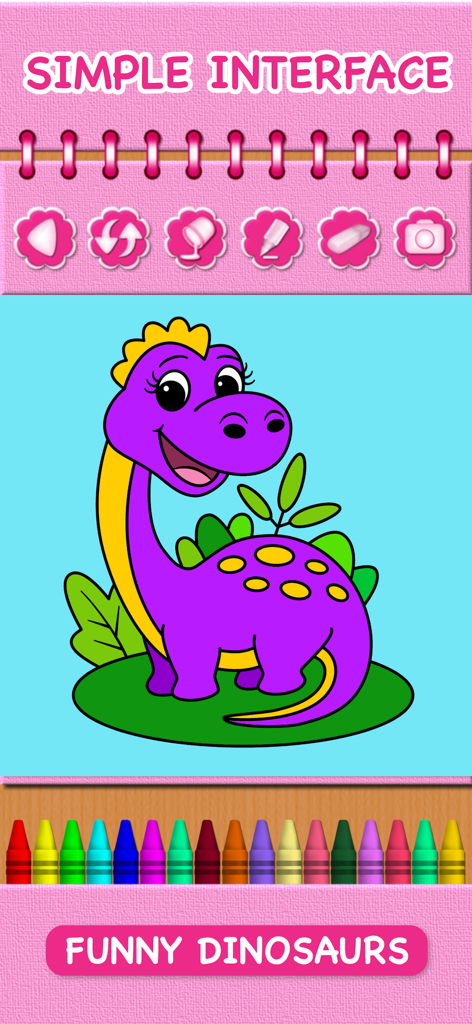 Animal Coloring Book Baby Pets - Una interfaz simple de libro para colorear con un amigable dinosaurio morado y una fila de crayones coloridos.