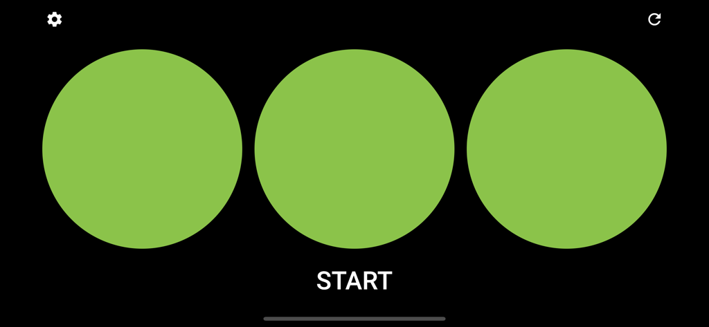 Race Start Signal - Interfaz de la aplicación Señal de Salida de Carrera que muestra tres círculos verdes grandes y un botón de inicio sobre un fondo negro.