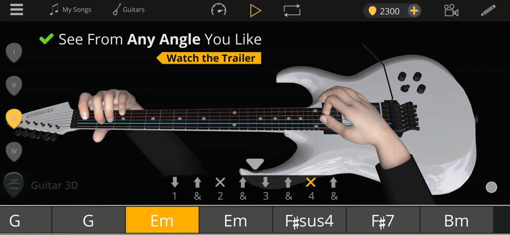 Guitar 3D - Basic Chords - Guitar 3D app interface showing 3D hand positions for an E minor chord and strumming patterns.
