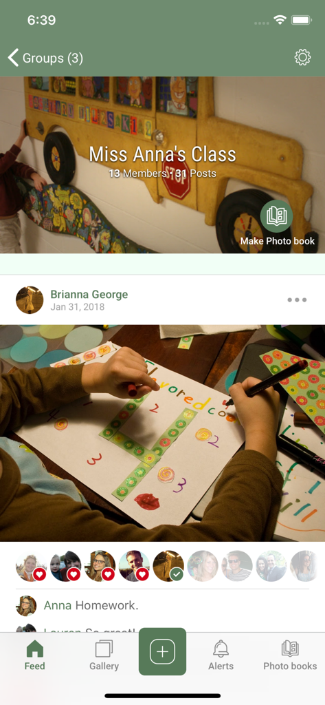 Homeroom Private Photo Sharing - Homeroom app interface showing a private classroom feed with a photo of a students school project and parent engagement