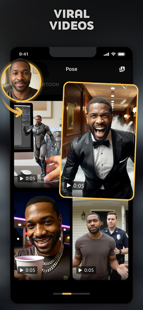 Pose: AI Photo Video Generator - Interfaz de la aplicación Pose AI que muestra estilos de generación de video viral basados en la foto de un usuario