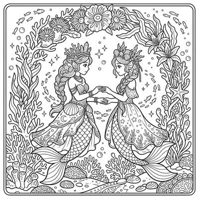 Explore an enchanting underwater wedding scene featuring two majestic mermaid shamans joining in a sacred ceremony. This beautiful design invites you to add vibrant colors to their elegant attire and the rich ocean environment.