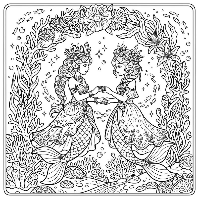 Explore an enchanting underwater wedding scene featuring two majestic mermaid shamans joining in a sacred ceremony. This beautiful design invites you to add vibrant colors to their elegant attire and the rich ocean environment.