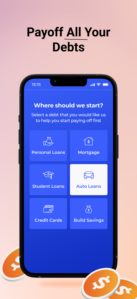 Changed: Automate Debt Payoff - Screenshot of the Changed app interface showing options to select different types of debt like mortgage and student loans.