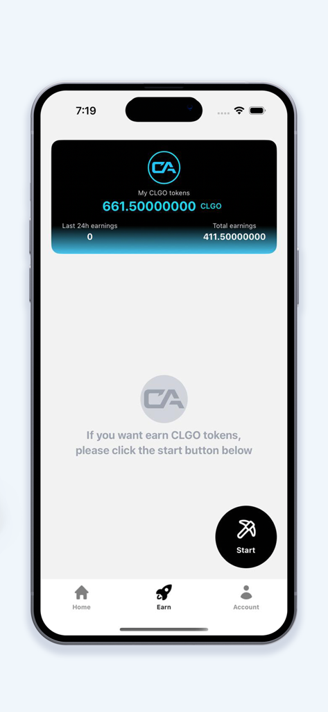Calgo - Calgo app dashboard showing CLGO token balance and the start earning button