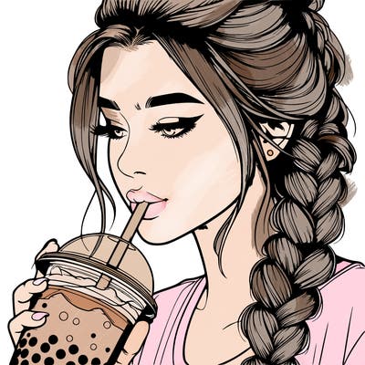 realistic girl drinking boba tea with braided hair