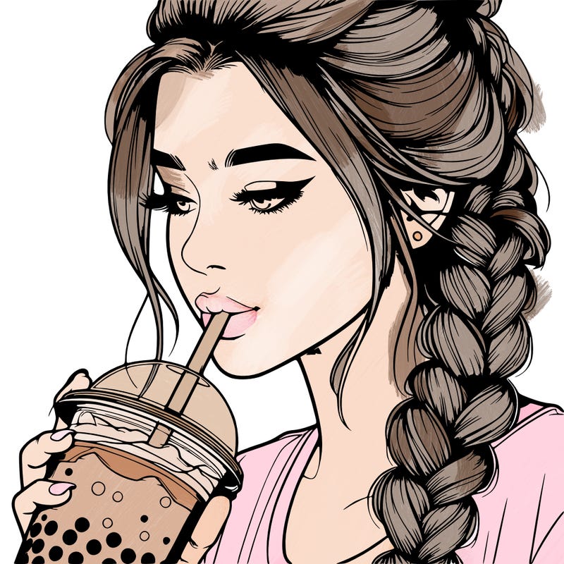 realistic girl drinking boba tea with braided hair