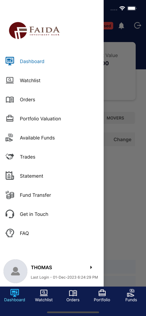 Faida M-Trader - Mobile app side navigation menu for Faida M-Trader showing investment and account management options