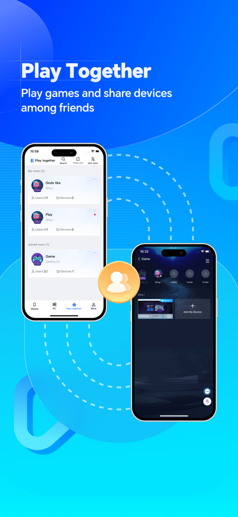 OSLink mobile app interface showing the Play Together feature for remote PC gaming and device sharing