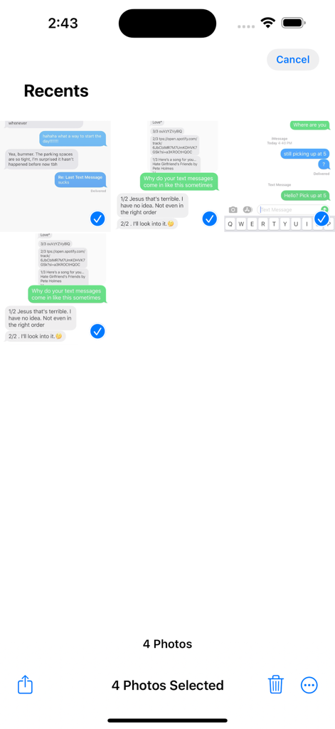 SMS Backup and Restore - Sélection de plusieurs captures d'écran SMS pour la sauvegarde dans la galerie des récents de l'application.
