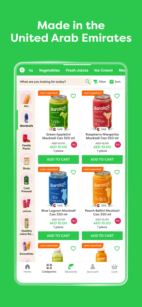 Barakat: Grocery Home Delivery - Interfaz de la aplicación de entrega de comestibles Barakat mostrando una selección de latas de cócteles sin alcohol frescos y categorías de zumos