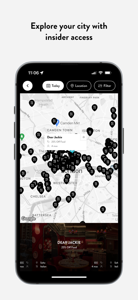 Nightkey: Exclusive Offers - Smartphone screen showing the Nightkey app map interface with various exclusive dining and lifestyle offers in London.
