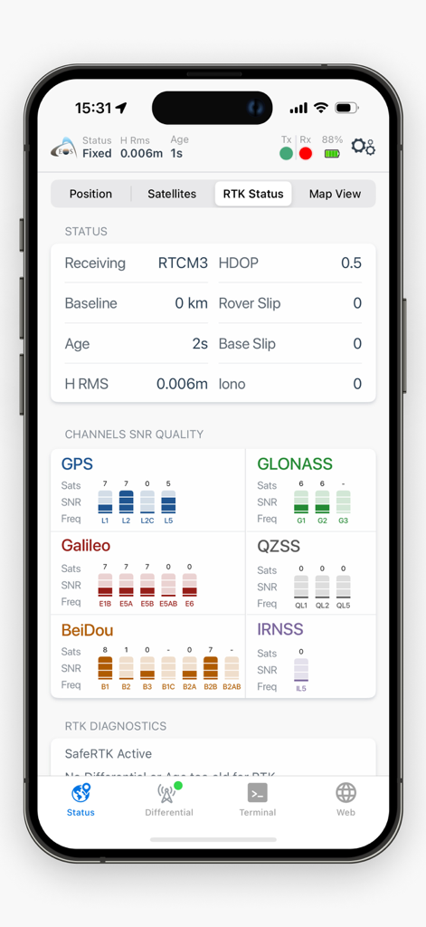 Eos Tools Pro - Eos Tools Proアプリ画面。プロフェッショナルマッピングのためのリアルタイムRTKステータスとGNSS衛星信号品質が表示されています。