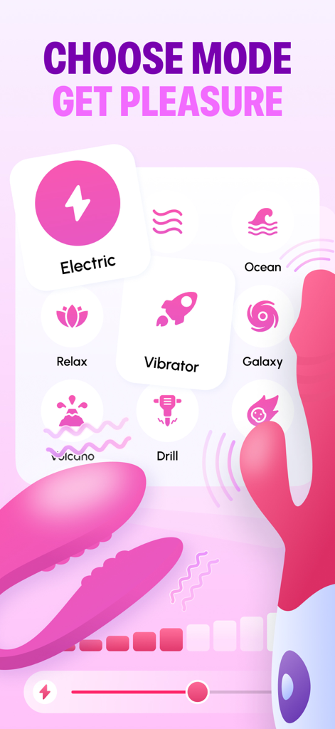 Interface of the Vibrator Massager App showing different vibration patterns and intensity controls.