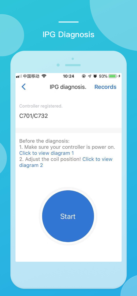 PINS Remote Program - IPG diagnosis screen in the PINS Remote Program app showing instructions and a start button
