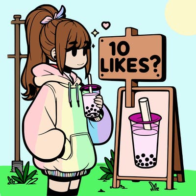 girl with oversized hoodie drinking boba and she has a high ponytail with a sign that says 10likes?