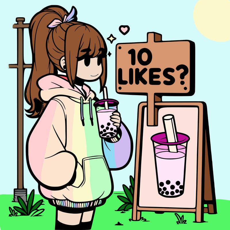 girl with oversized hoodie drinking boba and she has a high ponytail with a sign that says 10likes?