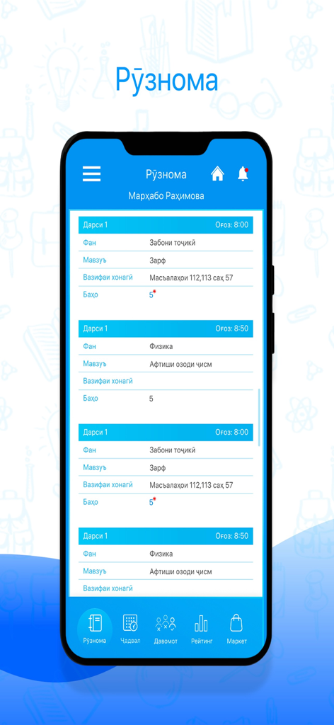 Pantalla del diario escolar electrónico en la aplicación eDonish que muestra calificaciones y tareas