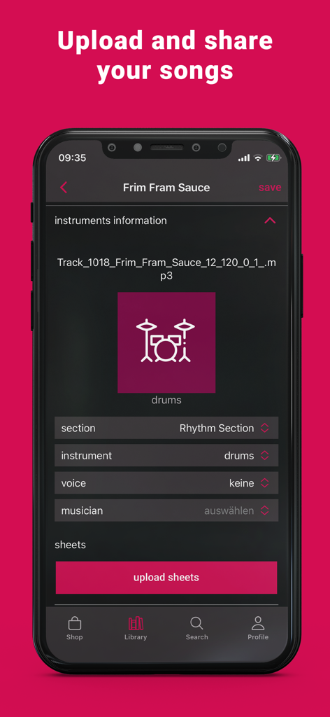 band-on App-Bildschirm zum Hochladen von Songs und zur Verwaltung von Instrumentenspuren wie Schlagzeug