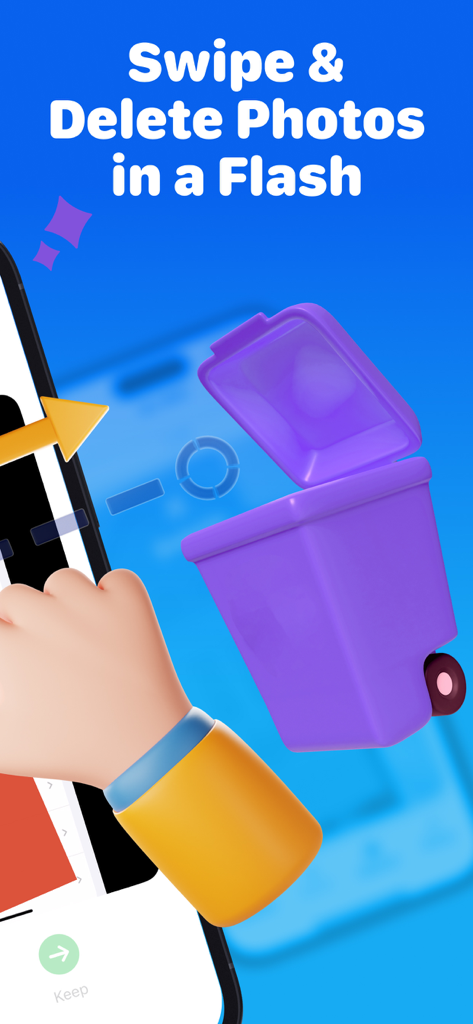 PixSwipe: Photo Delete Swipe - Una mano 3D deslizando una foto hacia una papelera morada con el texto Desliza y Elimina Fotos en un Instante
