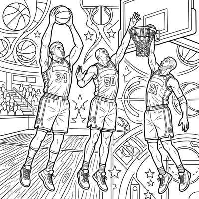 Immerse yourself in the thrilling world of basketball with our dynamic NBA Centers coloring page, capturing players in mid-air action. This engaging illustration features large, clear outlines perfect for seniors, offering a relaxing and accessible creative experience.