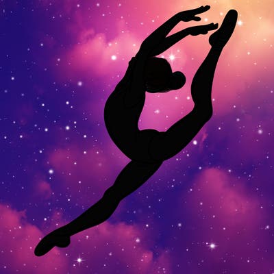 gymnast doing a leap in a leotard with a bent back leg