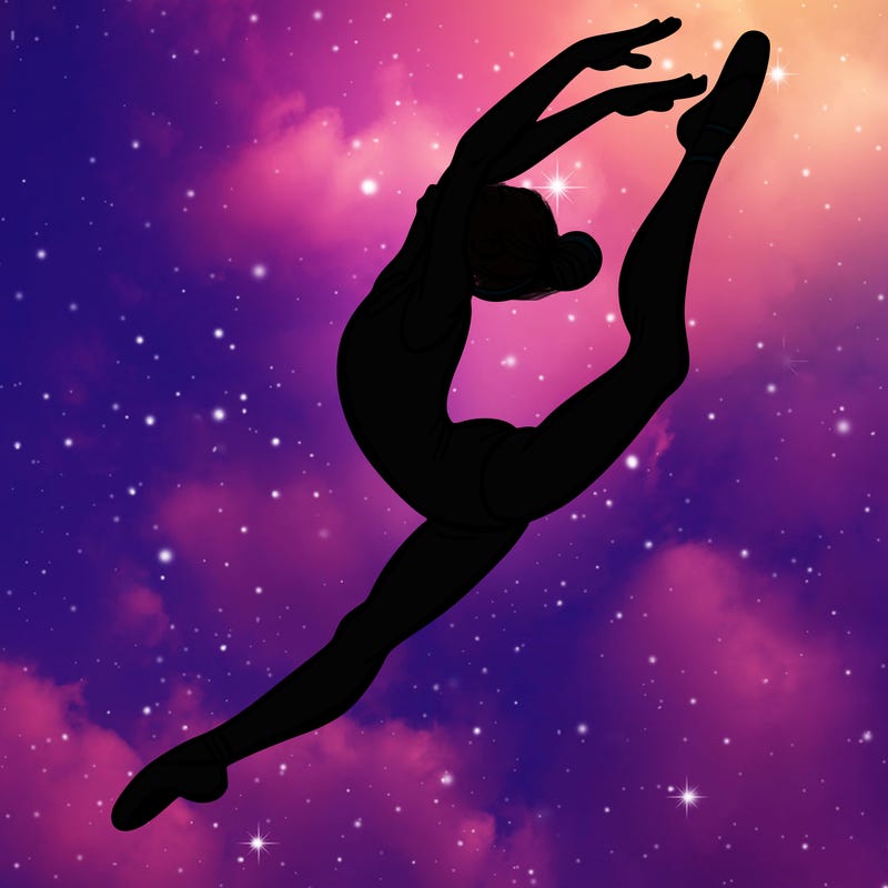 gymnast doing a leap in a leotard with a bent back leg