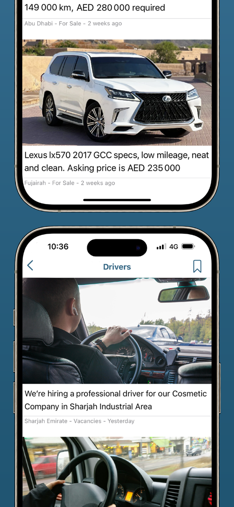 Mourjan app interface showing a Lexus car for sale and a job listing for a driver in the UAE