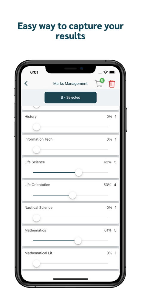 UniAPS - Interface of the UniAPS app showing the marks management screen with sliders for capturing subject results.