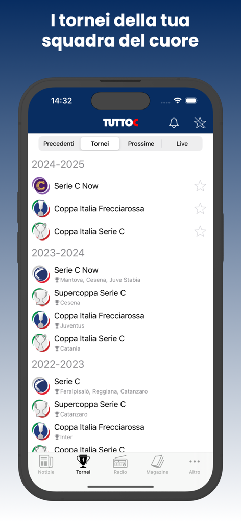 Pantalla de la aplicación Tutto C mostrando una lista de torneos de fútbol italianos como la Serie C y la Coppa Italia en diferentes temporadas.