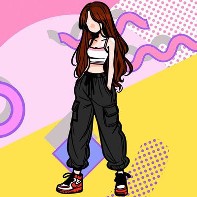 girl in baggy pants crop top and long hair