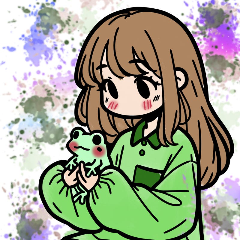 girl with long hair and a oversized shirt. and she is holding a frog