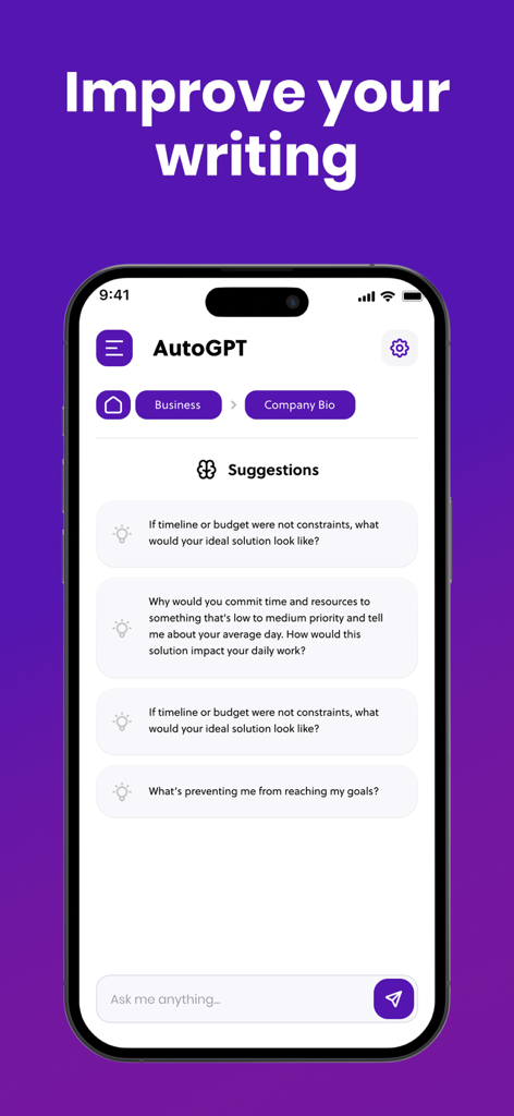 AutoGPTチャットボットアプリ、iPhone画面上のビジネスライティングを改善するためのAI提案を表示