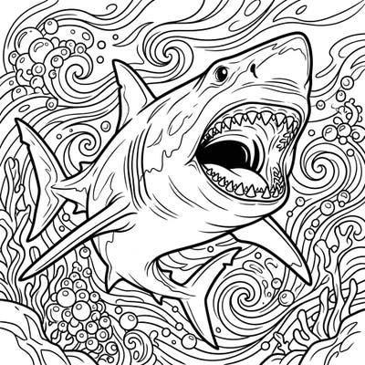 Prepare for an epic underwater journey with this thrilling Megalodon coloring page, showcasing the ancient predator with its formidable jaws wide open. Dive into a world of ocean swirls and bubbles as you bring this prehistoric giant to life with your favorite colors.