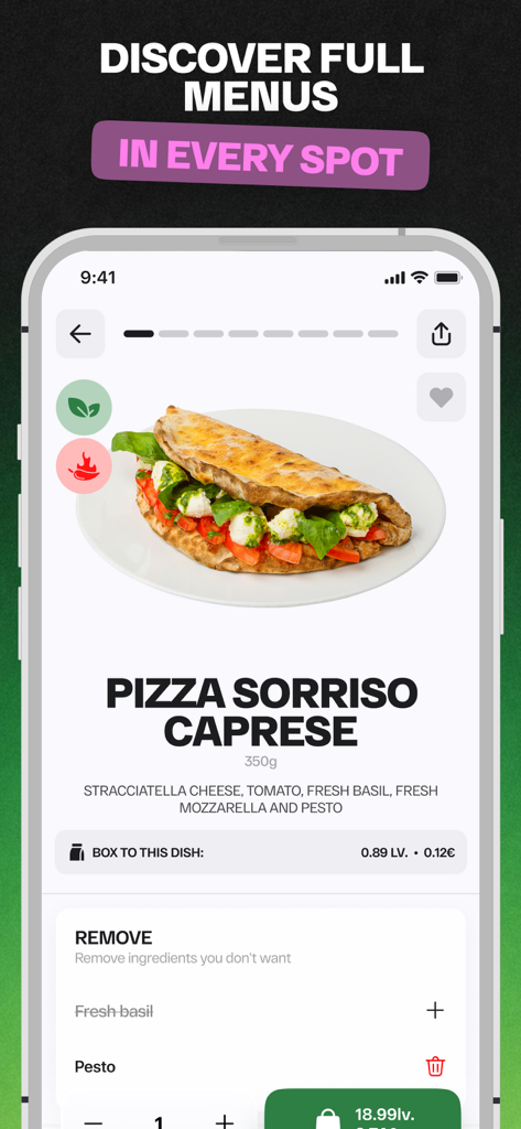 Mobile Menüoberfläche der La Flor Bar and Grill App, die eine Pizza Sorriso Caprese mit Anpassungsoptionen zeigt